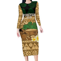 Bula Fiji Kava Bowl Long Sleeve Bodycon Dress Fijian Tapa Cloth Vintage Vibe LT14 Long Dress Brown - Polynesian Pride