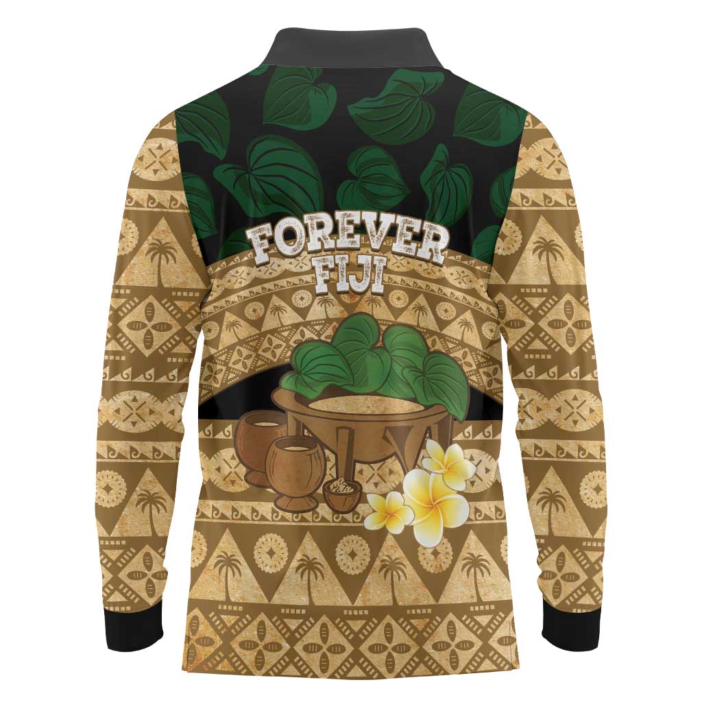 Bula Fiji Kava Bowl Long Sleeve Polo Shirt Fijian Tapa Cloth Vintage Vibe