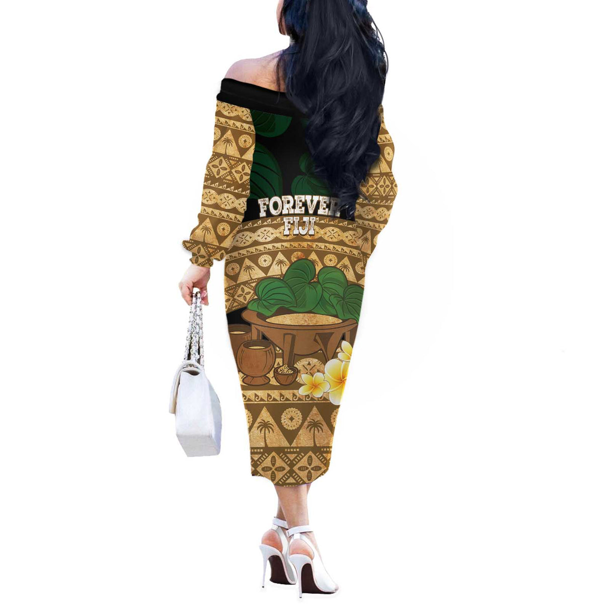 Bula Fiji Kava Bowl Off The Shoulder Long Sleeve Dress Fijian Tapa Cloth Vintage Vibe LT14 - Polynesian Pride