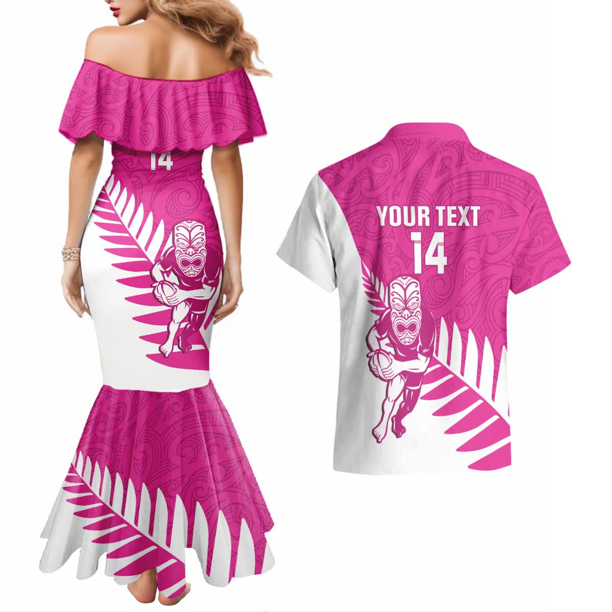 New Zealand Silver Fern Rugby Custom Couples Matching Mermaid Dress and Hawaiian Shirt Go All Black Maori Pink Version LT14 - Polynesian Pride