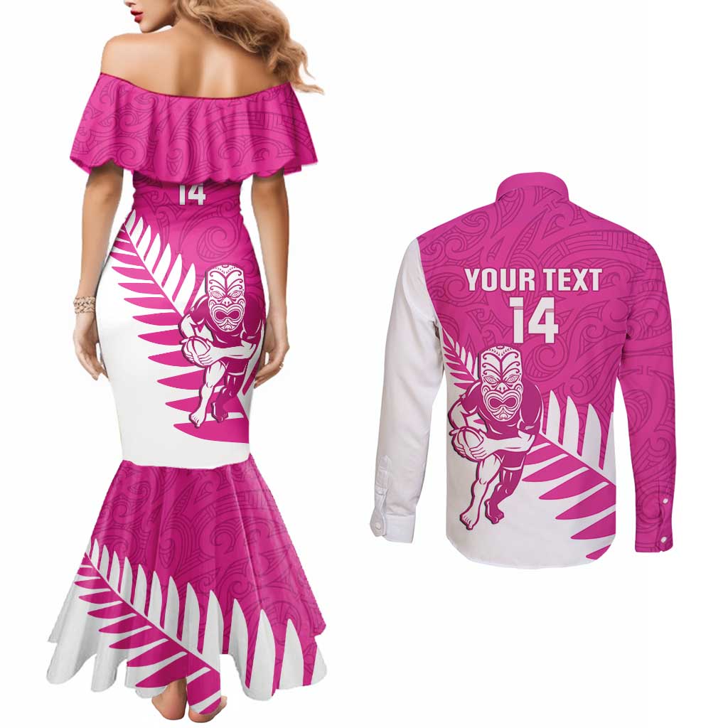 New Zealand Silver Fern Rugby Custom Couples Matching Mermaid Dress and Long Sleeve Button Shirt Go All Black Maori Pink Version LT14 - Polynesian Pride