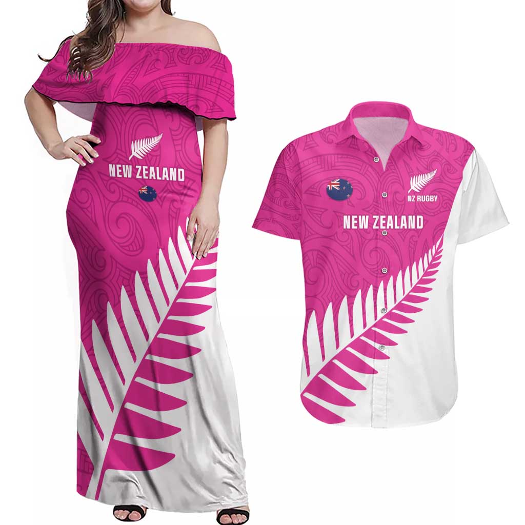 New Zealand Silver Fern Rugby Custom Couples Matching Off Shoulder Maxi Dress and Hawaiian Shirt Go All Black Maori Pink Version LT14 Pink - Polynesian Pride