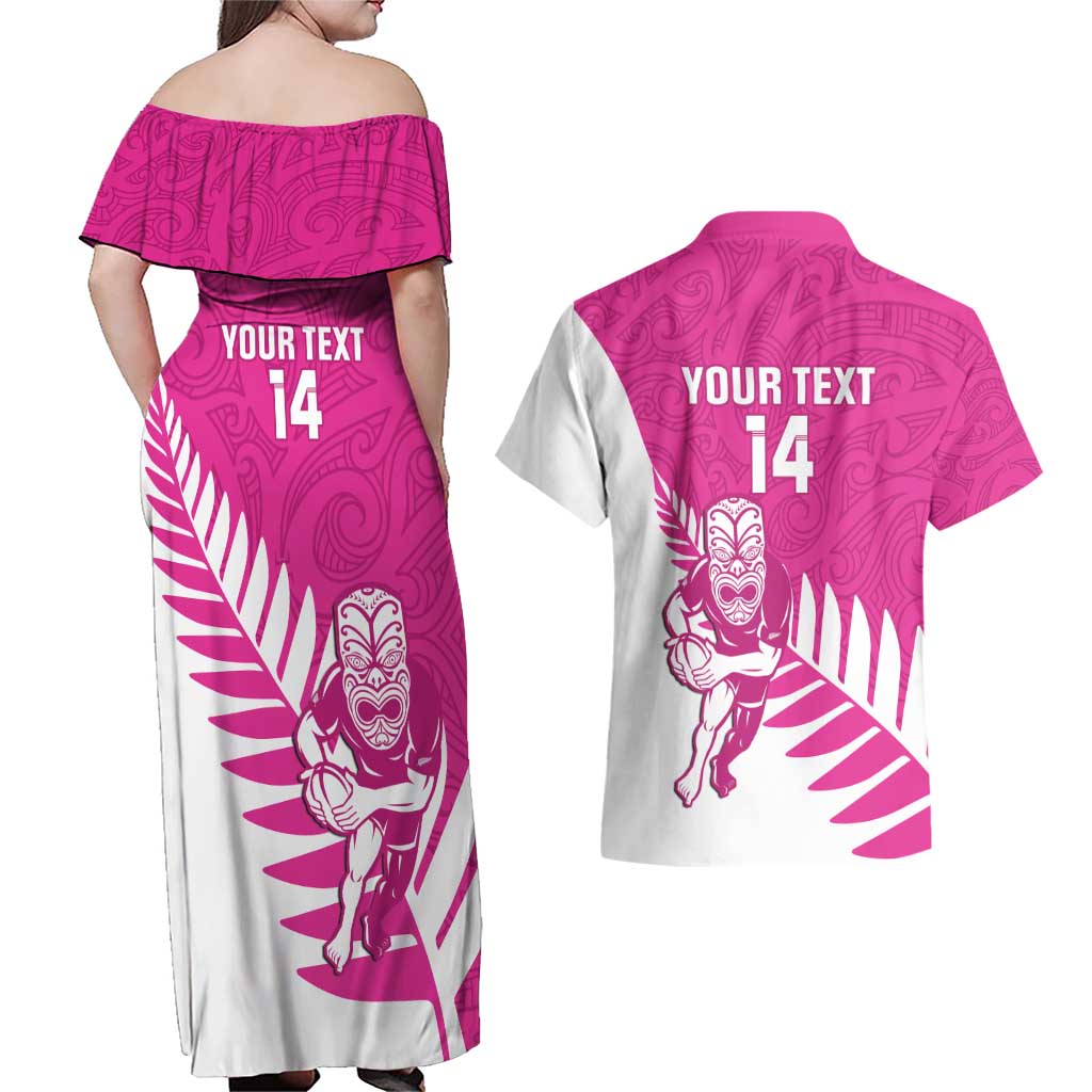 New Zealand Silver Fern Rugby Custom Couples Matching Off Shoulder Maxi Dress and Hawaiian Shirt Go All Black Maori Pink Version LT14 - Polynesian Pride