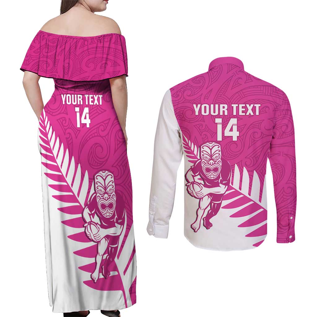 New Zealand Silver Fern Rugby Custom Couples Matching Off Shoulder Maxi Dress and Long Sleeve Button Shirt Go All Black Maori Pink Version LT14 - Polynesian Pride