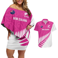 New Zealand Silver Fern Rugby Custom Couples Matching Off Shoulder Short Dress and Hawaiian Shirt Go All Black Maori Pink Version LT14 Pink - Polynesian Pride