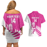 New Zealand Silver Fern Rugby Custom Couples Matching Off Shoulder Short Dress and Hawaiian Shirt Go All Black Maori Pink Version LT14 - Polynesian Pride