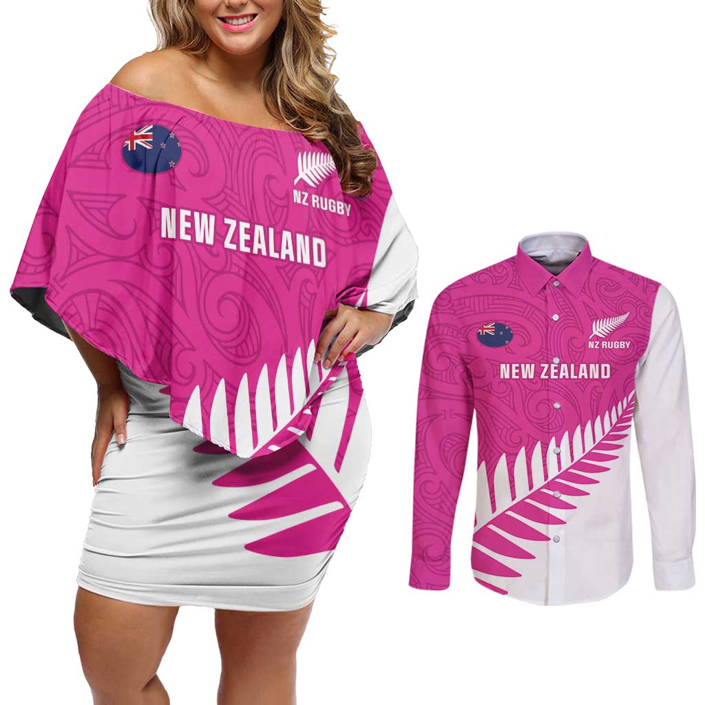 New Zealand Silver Fern Rugby Custom Couples Matching Off Shoulder Short Dress and Long Sleeve Button Shirt Go All Black Maori Pink Version LT14 Pink - Polynesian Pride