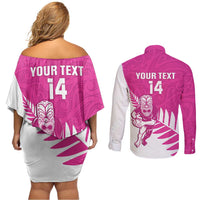 New Zealand Silver Fern Rugby Custom Couples Matching Off Shoulder Short Dress and Long Sleeve Button Shirt Go All Black Maori Pink Version LT14 - Polynesian Pride