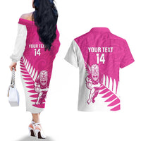 New Zealand Silver Fern Rugby Custom Couples Matching Off The Shoulder Long Sleeve Dress and Hawaiian Shirt Go All Black Maori Pink Version LT14 - Polynesian Pride