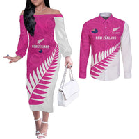 New Zealand Silver Fern Rugby Custom Couples Matching Off The Shoulder Long Sleeve Dress and Long Sleeve Button Shirt Go All Black Maori Pink Version LT14 Pink - Polynesian Pride