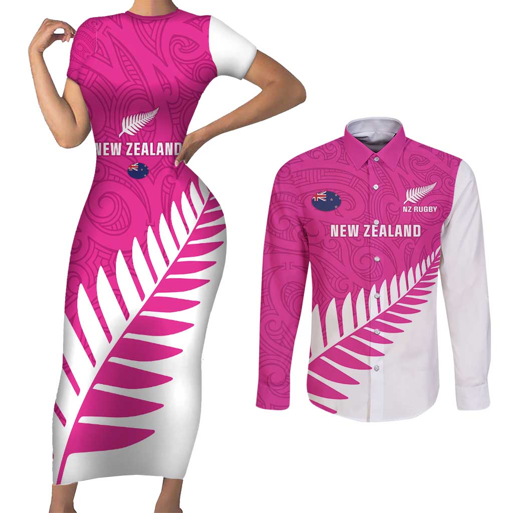 New Zealand Silver Fern Rugby Custom Couples Matching Short Sleeve Bodycon Dress and Long Sleeve Button Shirt Go All Black Maori Pink Version LT14 Pink - Polynesian Pride