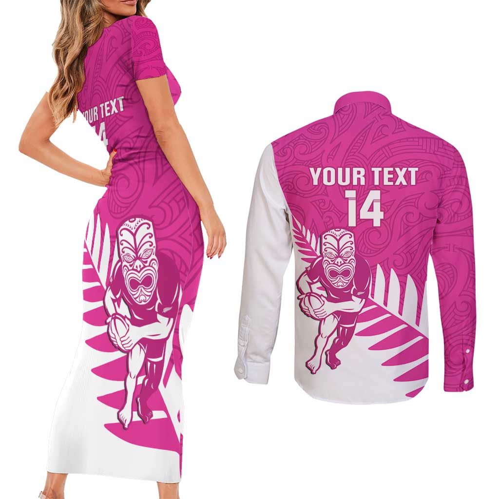 New Zealand Silver Fern Rugby Custom Couples Matching Short Sleeve Bodycon Dress and Long Sleeve Button Shirt Go All Black Maori Pink Version LT14 - Polynesian Pride
