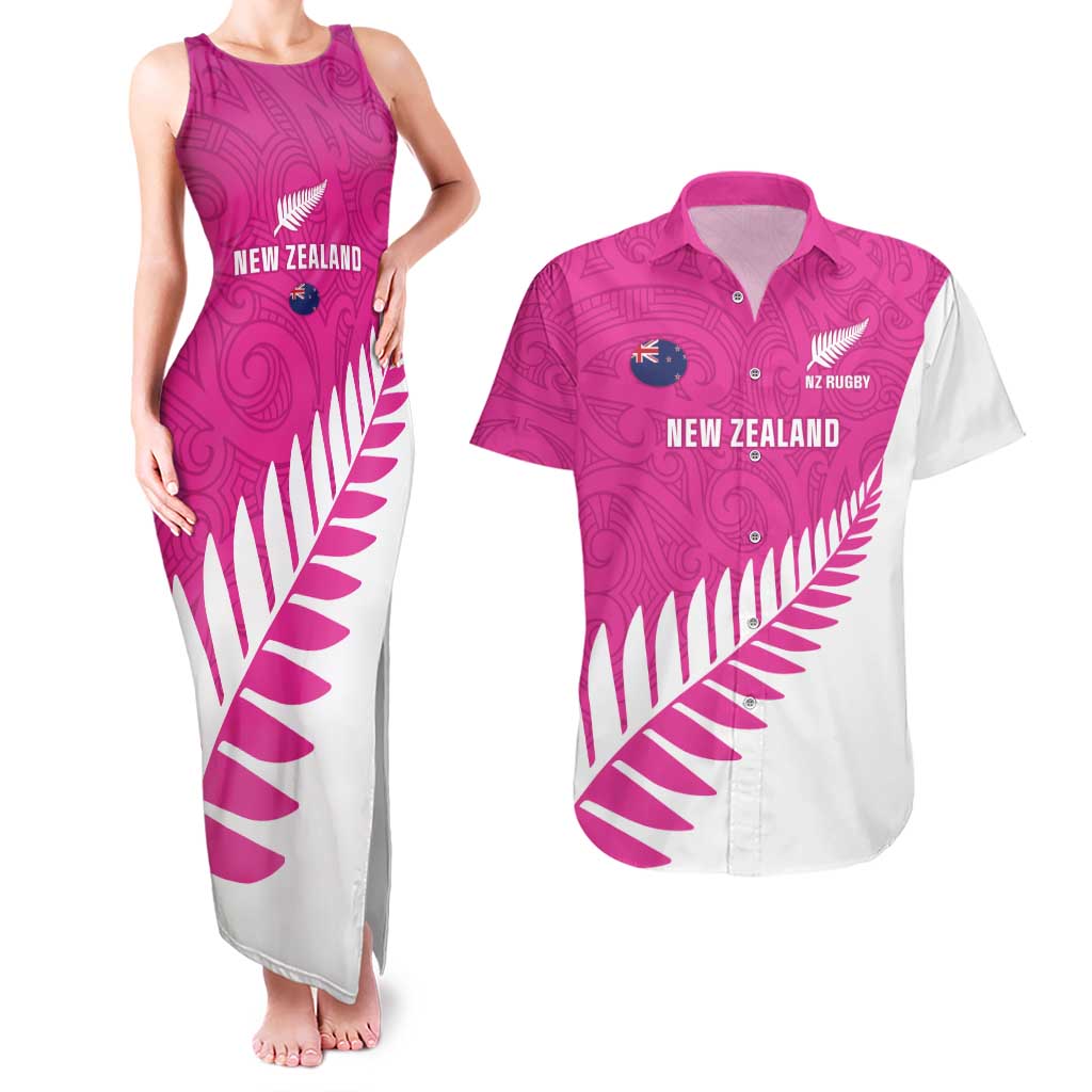 New Zealand Silver Fern Rugby Custom Couples Matching Tank Maxi Dress and Hawaiian Shirt Go All Black Maori Pink Version LT14 Pink - Polynesian Pride