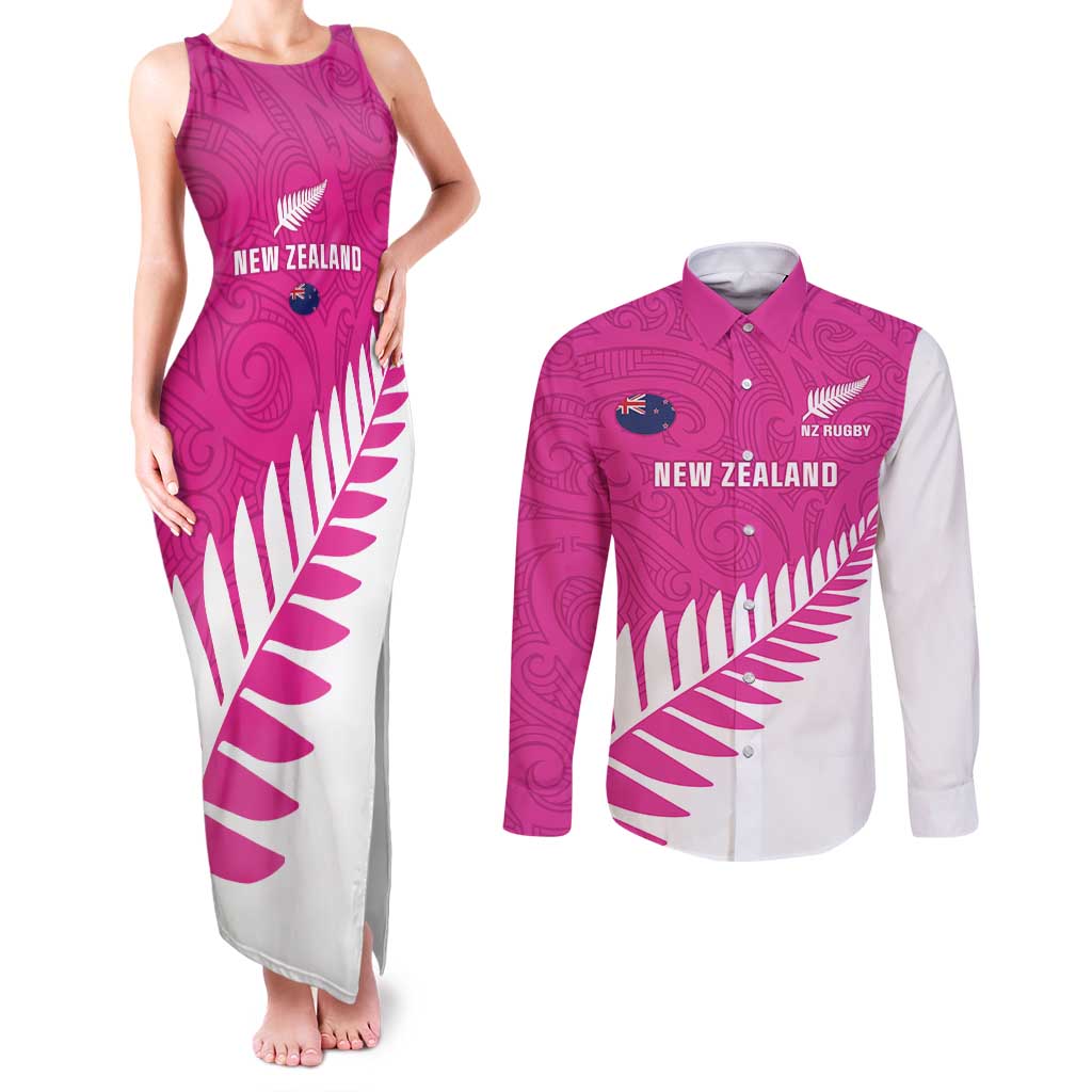 New Zealand Silver Fern Rugby Custom Couples Matching Tank Maxi Dress and Long Sleeve Button Shirt Go All Black Maori Pink Version LT14 Pink - Polynesian Pride