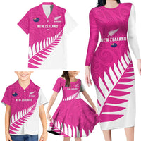 New Zealand Silver Fern Rugby Custom Family Matching Long Sleeve Bodycon Dress and Hawaiian Shirt Go All Black Maori Pink Version LT14 - Polynesian Pride