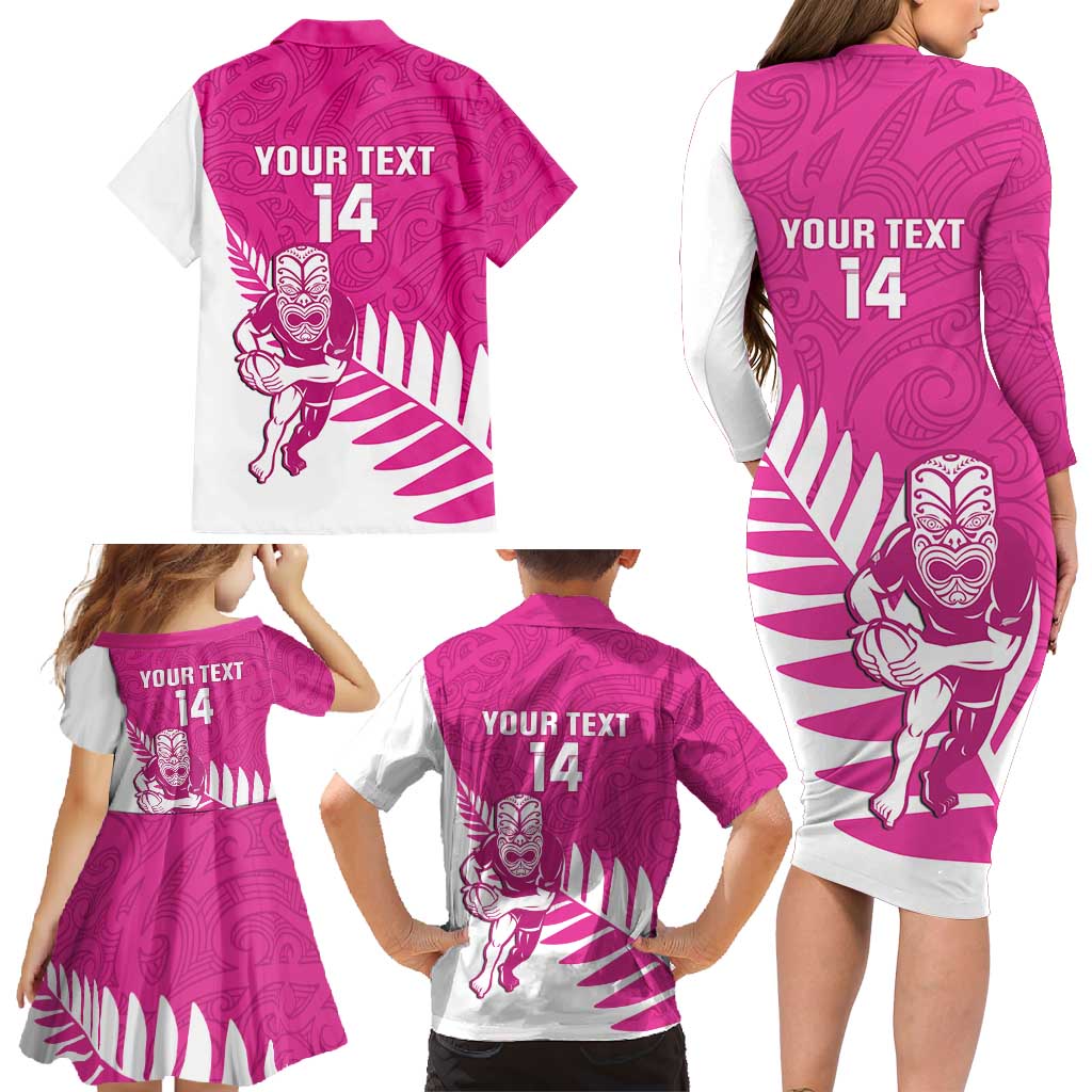 New Zealand Silver Fern Rugby Custom Family Matching Long Sleeve Bodycon Dress and Hawaiian Shirt Go All Black Maori Pink Version LT14 - Polynesian Pride
