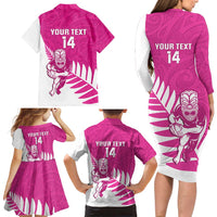 New Zealand Silver Fern Rugby Custom Family Matching Long Sleeve Bodycon Dress and Hawaiian Shirt Go All Black Maori Pink Version LT14 - Polynesian Pride