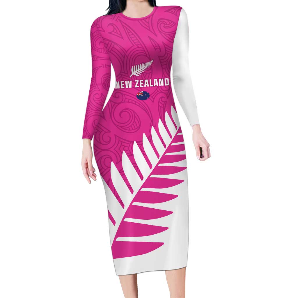 New Zealand Silver Fern Rugby Custom Family Matching Long Sleeve Bodycon Dress and Hawaiian Shirt Go All Black Maori Pink Version LT14 Mom's Dress Pink - Polynesian Pride