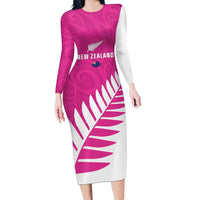 New Zealand Silver Fern Rugby Custom Family Matching Long Sleeve Bodycon Dress and Hawaiian Shirt Go All Black Maori Pink Version LT14 Mom's Dress Pink - Polynesian Pride