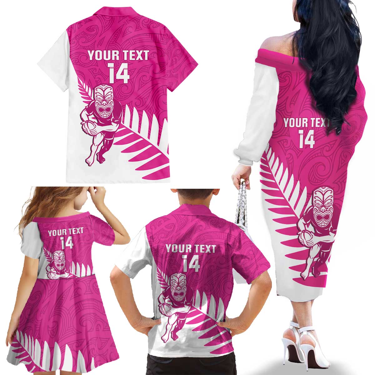 New Zealand Silver Fern Rugby Custom Family Matching Off The Shoulder Long Sleeve Dress and Hawaiian Shirt Go All Black Maori Pink Version LT14 - Polynesian Pride