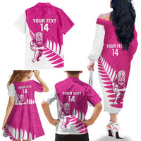 New Zealand Silver Fern Rugby Custom Family Matching Off The Shoulder Long Sleeve Dress and Hawaiian Shirt Go All Black Maori Pink Version LT14 - Polynesian Pride