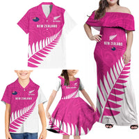 New Zealand Silver Fern Rugby Custom Family Matching Off Shoulder Maxi Dress and Hawaiian Shirt Go All Black Maori Pink Version LT14 - Polynesian Pride
