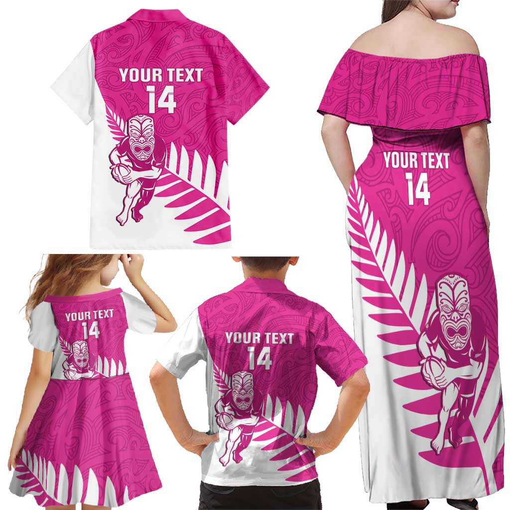 New Zealand Silver Fern Rugby Custom Family Matching Off Shoulder Maxi Dress and Hawaiian Shirt Go All Black Maori Pink Version LT14 - Polynesian Pride