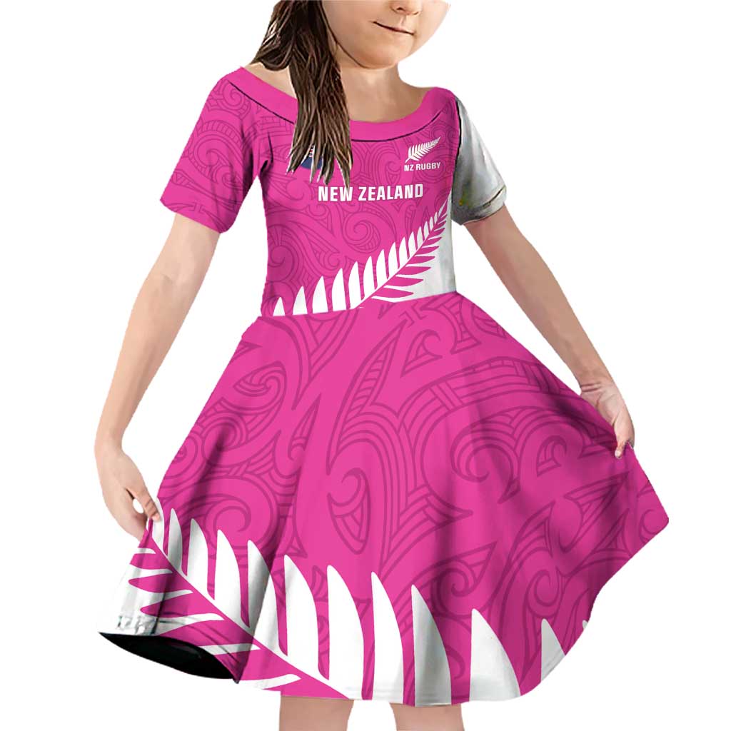 New Zealand Silver Fern Rugby Custom Family Matching Off Shoulder Short Dress and Hawaiian Shirt Go All Black Maori Pink Version LT14 Daughter's Dress Pink - Polynesian Pride