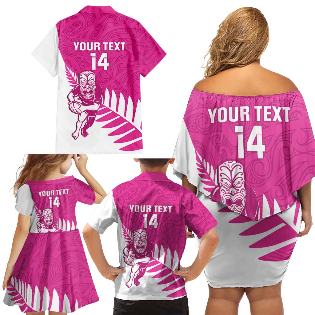 New Zealand Silver Fern Rugby Custom Family Matching Off Shoulder Short Dress and Hawaiian Shirt Go All Black Maori Pink Version LT14 - Polynesian Pride
