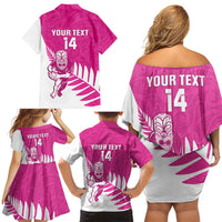 New Zealand Silver Fern Rugby Custom Family Matching Off Shoulder Short Dress and Hawaiian Shirt Go All Black Maori Pink Version LT14 - Polynesian Pride