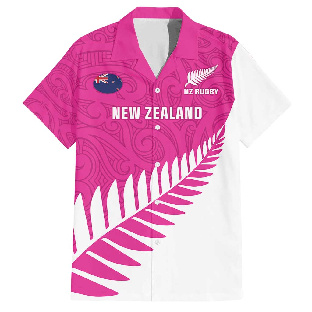 New Zealand Silver Fern Rugby Custom Family Matching Off Shoulder Short Dress and Hawaiian Shirt Go All Black Maori Pink Version LT14 Dad's Shirt - Short Sleeve Pink - Polynesian Pride