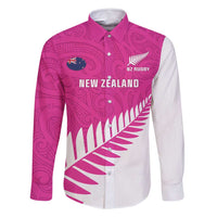 New Zealand Silver Fern Rugby Custom Family Matching Off Shoulder Short Dress and Hawaiian Shirt Go All Black Maori Pink Version LT14 Dad's Shirt - Long Sleeve Pink - Polynesian Pride