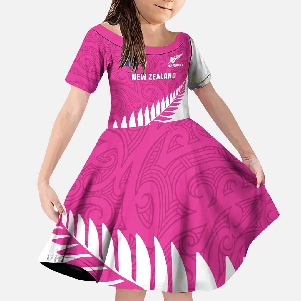 New Zealand Silver Fern Rugby Custom Family Matching Puletasi and Hawaiian Shirt Go All Black Maori Pink Version LT14 Daughter's Dress Pink - Polynesian Pride