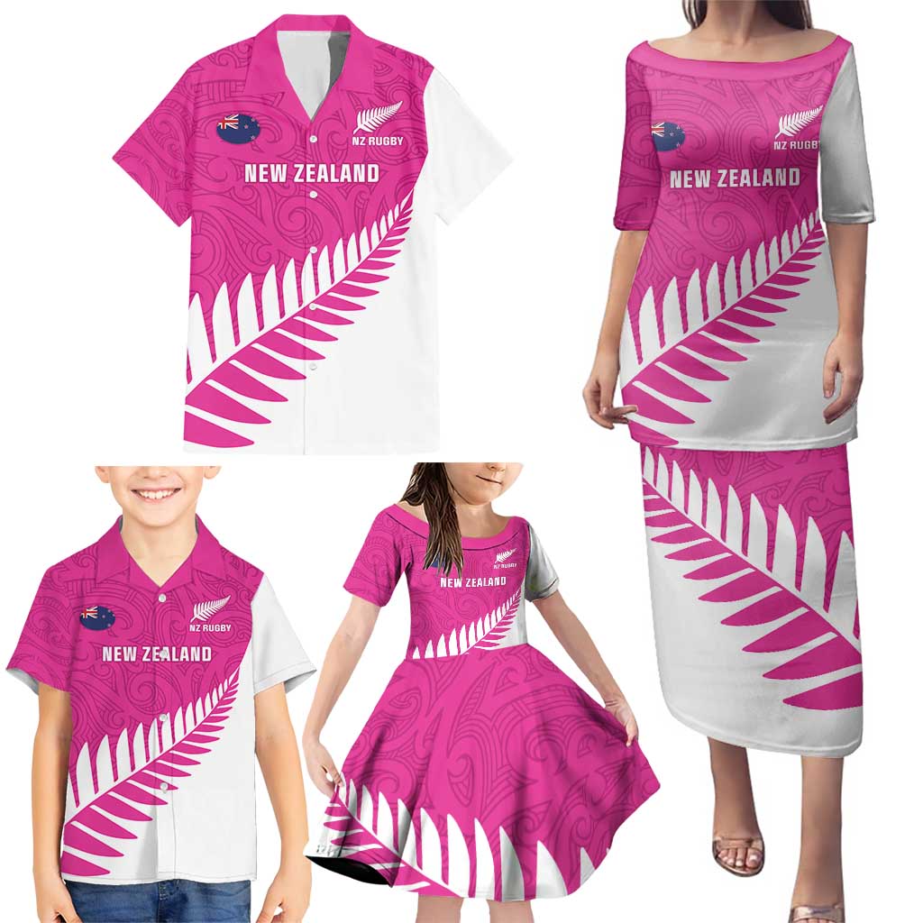 New Zealand Silver Fern Rugby Custom Family Matching Puletasi and Hawaiian Shirt Go All Black Maori Pink Version