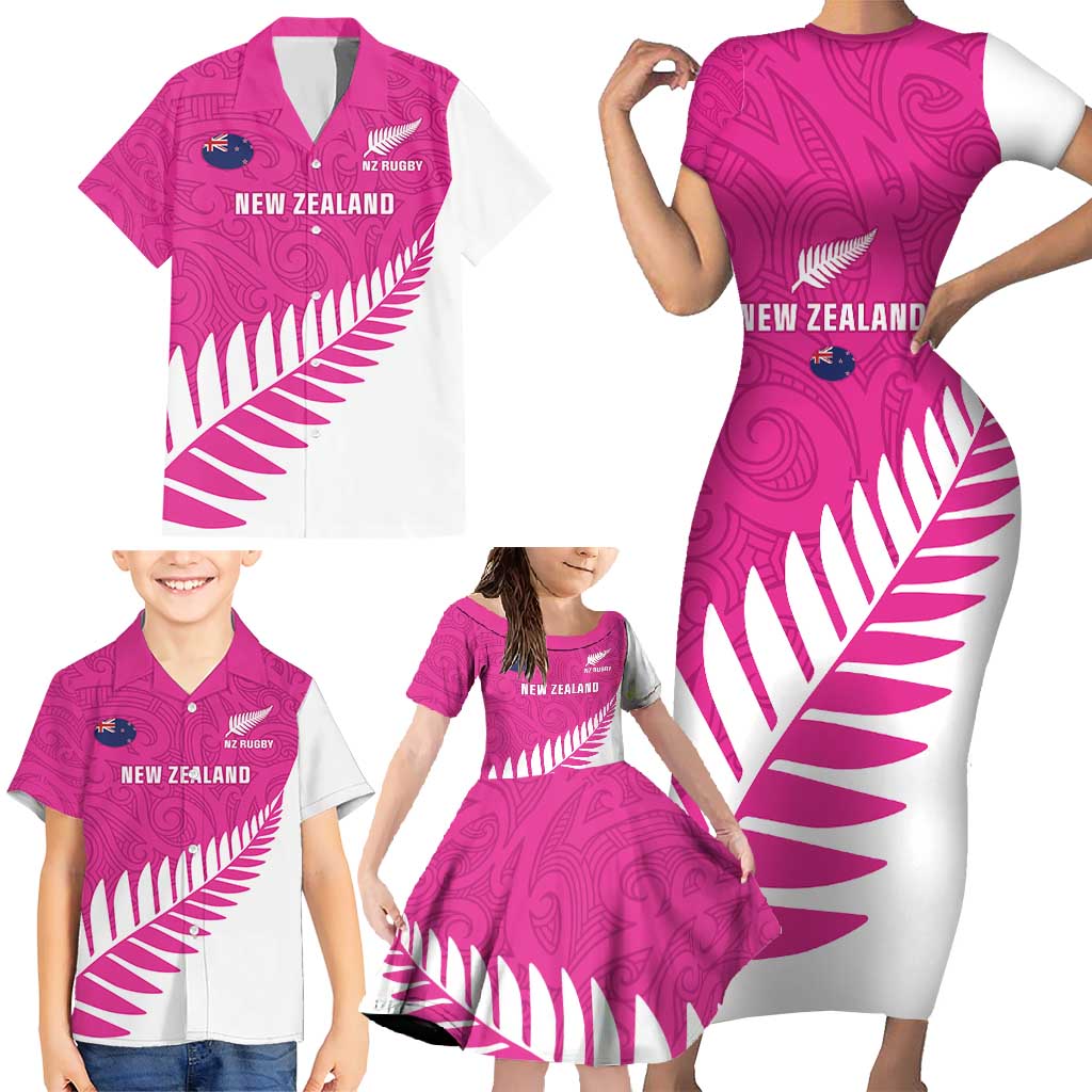 New Zealand Silver Fern Rugby Custom Family Matching Short Sleeve Bodycon Dress and Hawaiian Shirt Go All Black Maori Pink Version LT14 - Polynesian Pride
