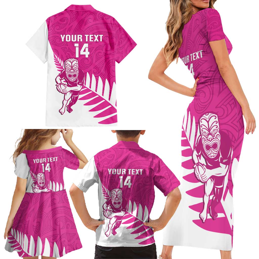 New Zealand Silver Fern Rugby Custom Family Matching Short Sleeve Bodycon Dress and Hawaiian Shirt Go All Black Maori Pink Version LT14 - Polynesian Pride