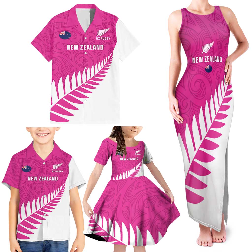 New Zealand Silver Fern Rugby Custom Family Matching Tank Maxi Dress and Hawaiian Shirt Go All Black Maori Pink Version LT14 - Polynesian Pride