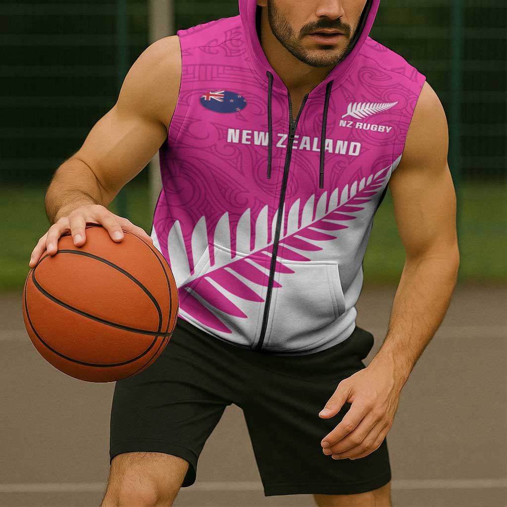 New Zealand Silver Fern Rugby Custom Sleeveless Zip Hoodie Go All Black Maori Pink Version - Polynesian Pride
