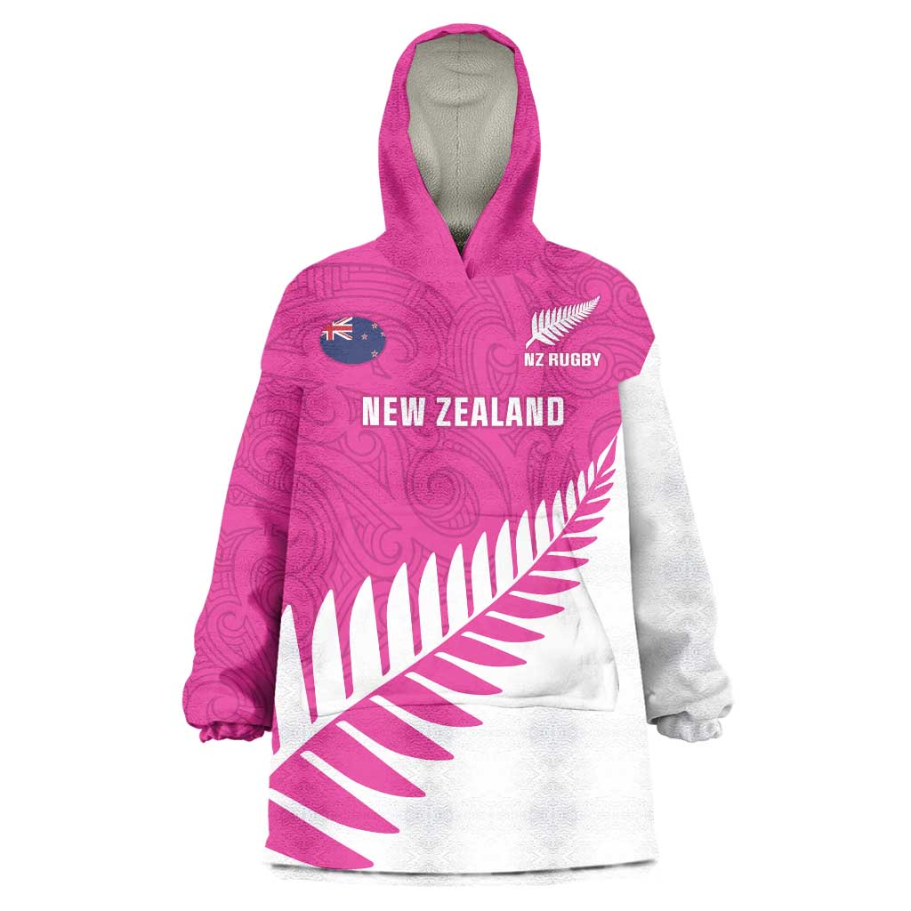 New Zealand Silver Fern Rugby Custom Wearable Blanket Hoodie Go All Black Maori Pink Version