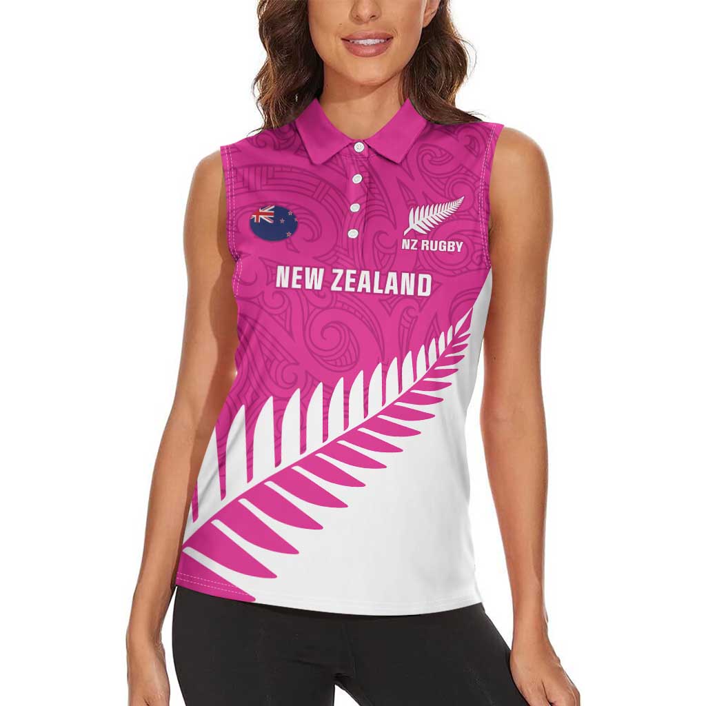 New Zealand Silver Fern Rugby Custom Women Sleeveless Polo Shirt Go All Black Maori Pink Version LT14 - Polynesian Pride