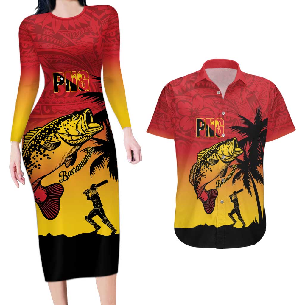 Custom Papua New Guinea Cricket Couples Matching Long Sleeve Bodycon Dress and Hawaiian Shirt PNG Barramundis LT14 Red - Polynesian Pride