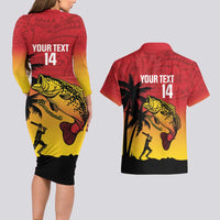 Custom Papua New Guinea Cricket Couples Matching Long Sleeve Bodycon Dress and Hawaiian Shirt PNG Barramundis LT14 - Polynesian Pride