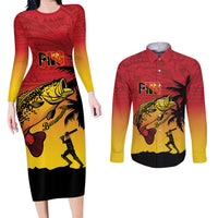 Custom Papua New Guinea Cricket Couples Matching Long Sleeve Bodycon Dress and Long Sleeve Button Shirt PNG Barramundis LT14 Red - Polynesian Pride