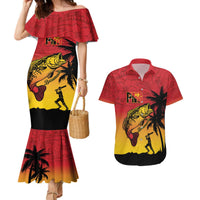 Custom Papua New Guinea Cricket Couples Matching Mermaid Dress and Hawaiian Shirt PNG Barramundis LT14 Red - Polynesian Pride