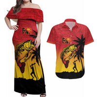Custom Papua New Guinea Cricket Couples Matching Off Shoulder Maxi Dress and Hawaiian Shirt PNG Barramundis LT14 Red - Polynesian Pride