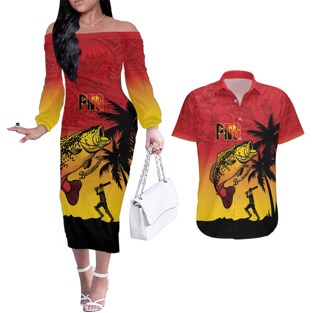 Custom Papua New Guinea Cricket Couples Matching Off The Shoulder Long Sleeve Dress and Hawaiian Shirt PNG Barramundis - Polynesian Pride