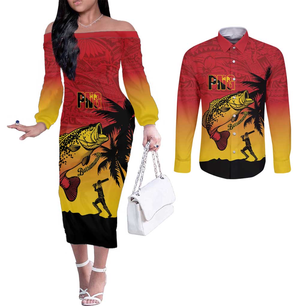 Custom Papua New Guinea Cricket Couples Matching Off The Shoulder Long Sleeve Dress and Long Sleeve Button Shirt PNG Barramundis LT14 Red - Polynesian Pride