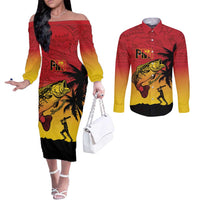 Custom Papua New Guinea Cricket Couples Matching Off The Shoulder Long Sleeve Dress and Long Sleeve Button Shirt PNG Barramundis LT14 Red - Polynesian Pride