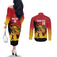 Custom Papua New Guinea Cricket Couples Matching Off The Shoulder Long Sleeve Dress and Long Sleeve Button Shirt PNG Barramundis LT14 - Polynesian Pride