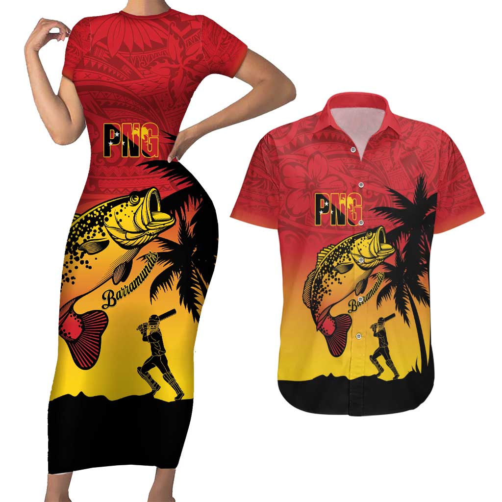 Custom Papua New Guinea Cricket Couples Matching Short Sleeve Bodycon Dress and Hawaiian Shirt PNG Barramundis LT14 Red - Polynesian Pride